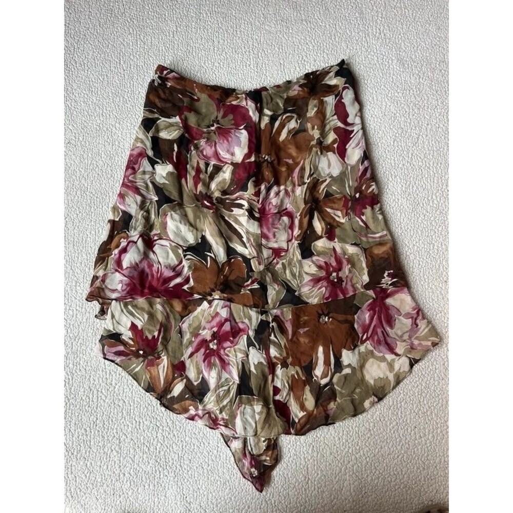 Vintage 90s Express Mesh Burgundy Floral Midi Asymmetrical Skirt 100% Silk M